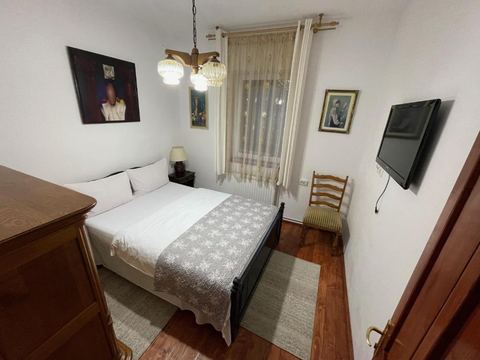 Guest room with flat-screen TV at Pensiunea Eugenia